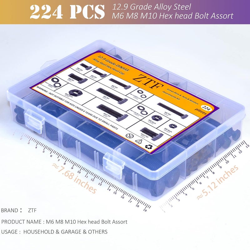 ZTF 224 PCS Metric M6 M8 M10 Heavy Duty Hex Cap Bolts and Nuts Flat & Lock Washers Assortment Kit, 12.9 Grade Alloy Steel Metric Fully Thread Hexagon Allen Machine Bolt, 8 Most Common Sizes, DIN 933 - Image 3
